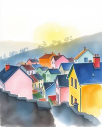 Delicate watercolor painting capturing the essence of a sleepy town with pastel-colored houses and silhouetted backlighting. 