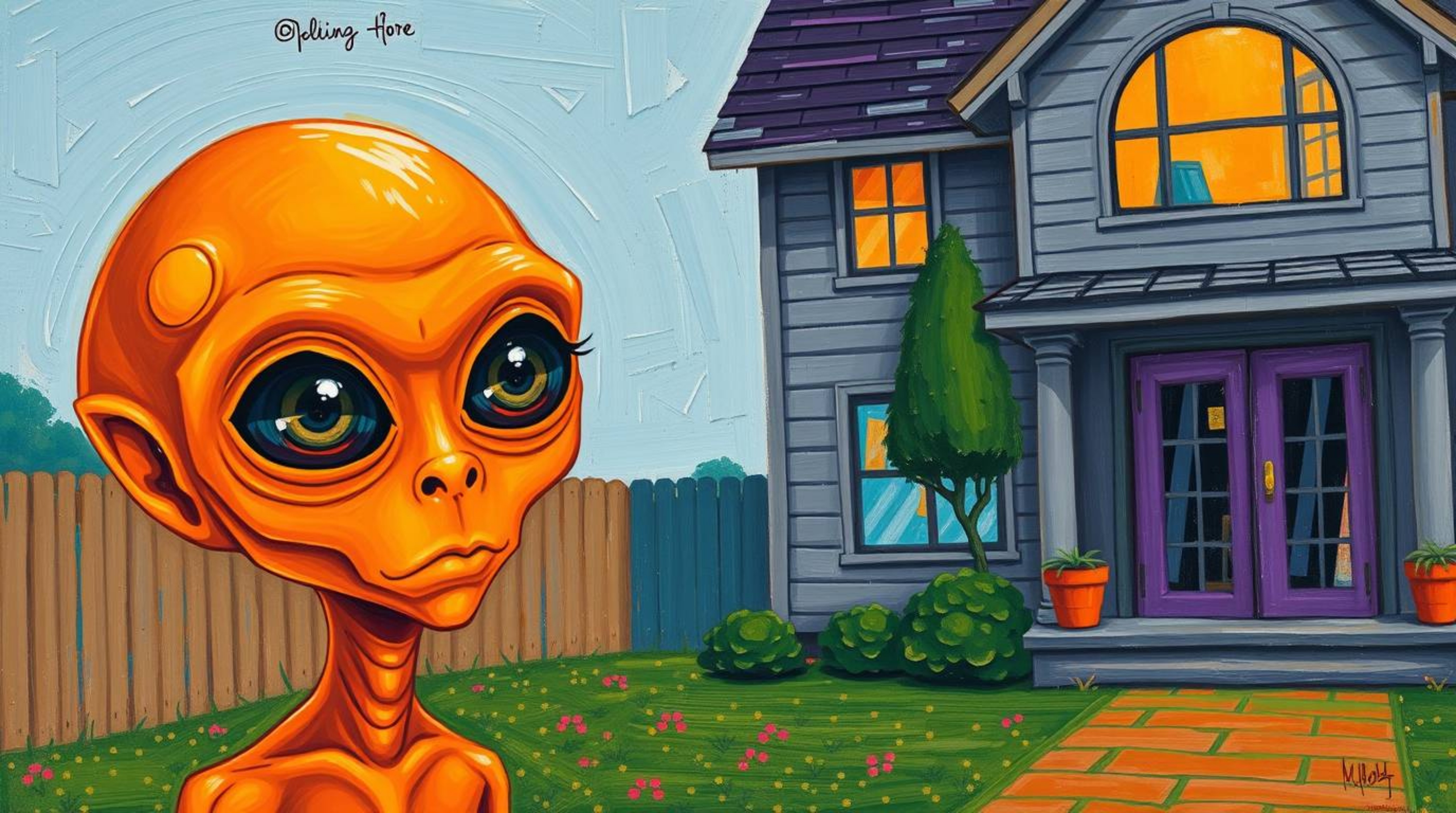 This artwork depicts an alien with striking orange skin and large, expressive eyes residing in a typical suburban house.  The