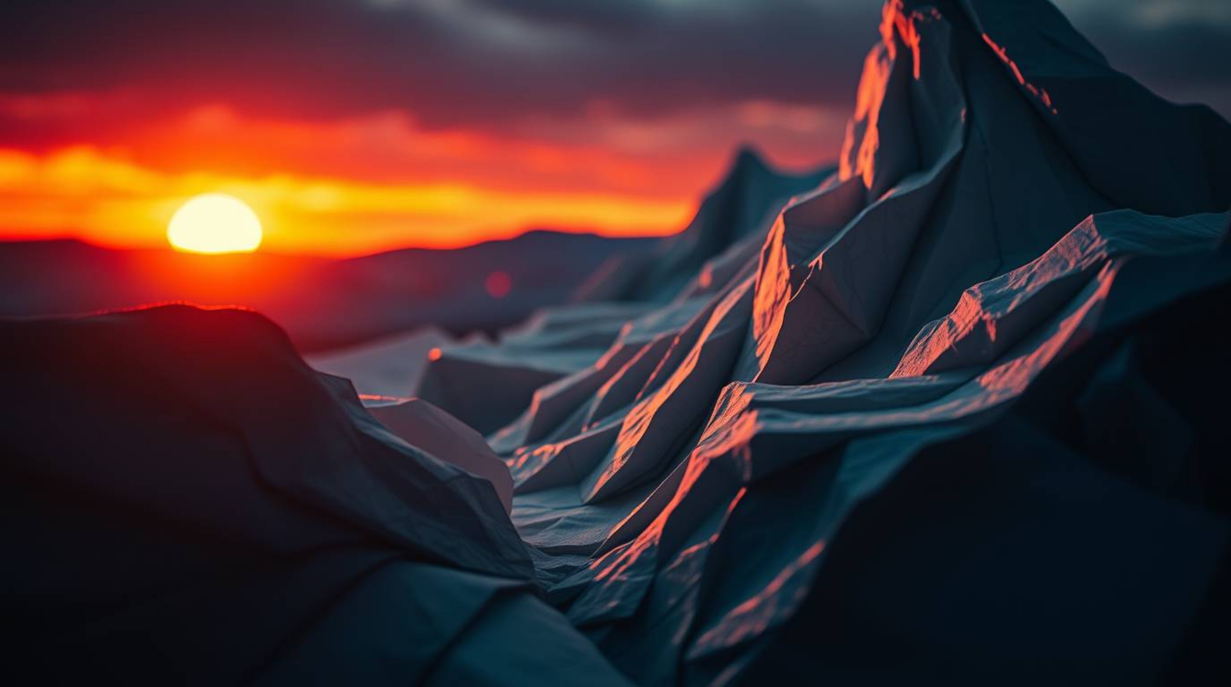 A stunning close-up shot depicts a sunset over icy glaciers, meticulously crafted from layered papier-mâché.  The artwork sho