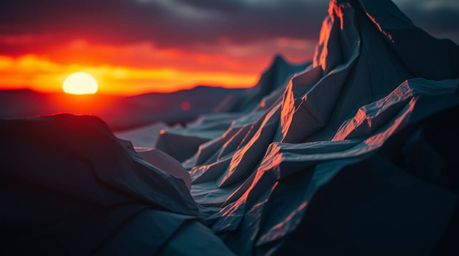 A stunning close-up shot depicts a sunset over icy glaciers, meticulously crafted from layered papier-mâché.  The artwork sho
