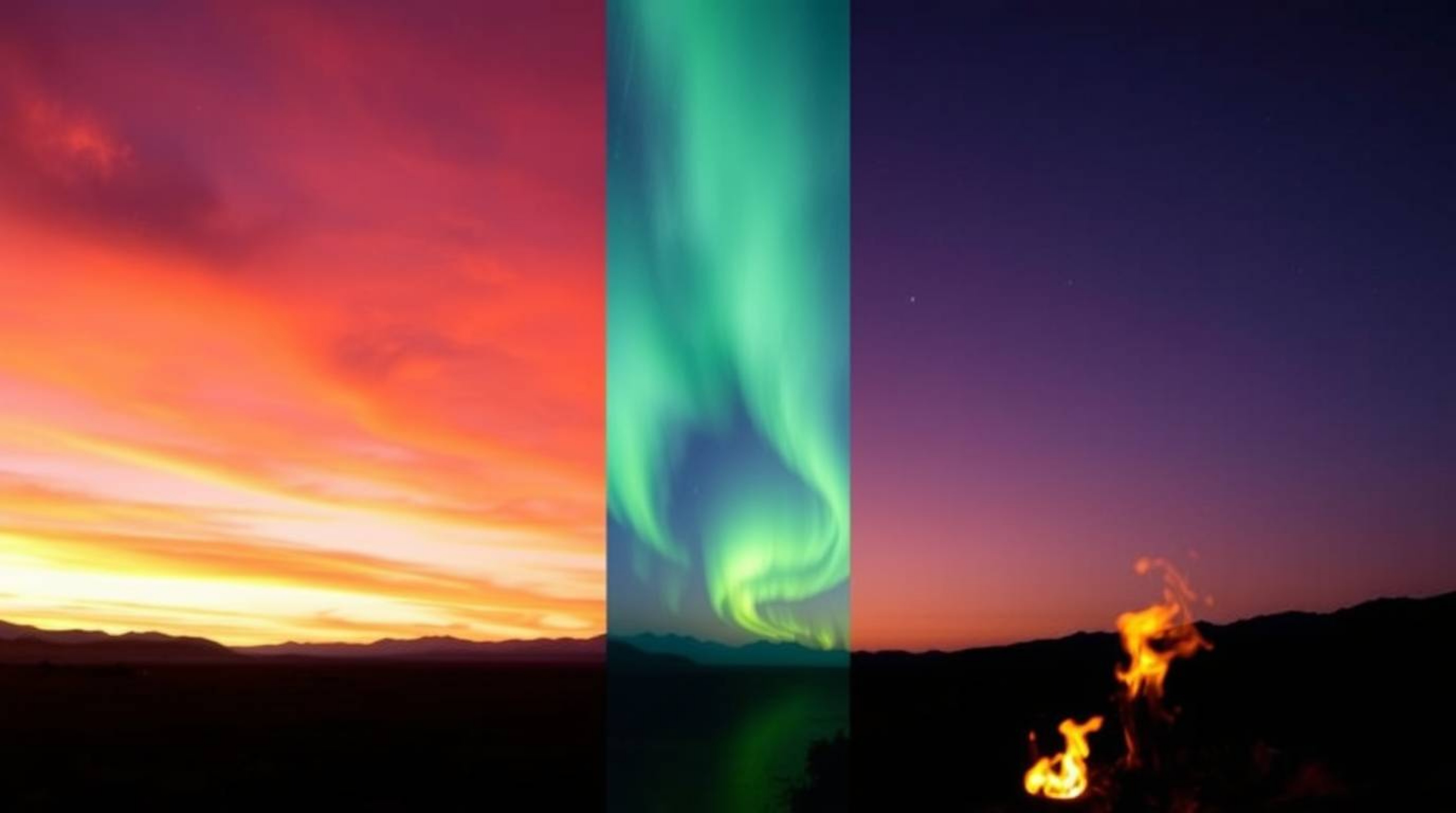 An image showcasing a breathtaking sunset sky gradually transitioning into the mesmerizing Northern Lights. The scene incorpo