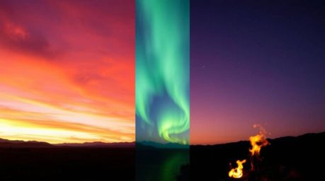 An image showcasing a breathtaking sunset sky gradually transitioning into the mesmerizing Northern Lights. The scene incorpo