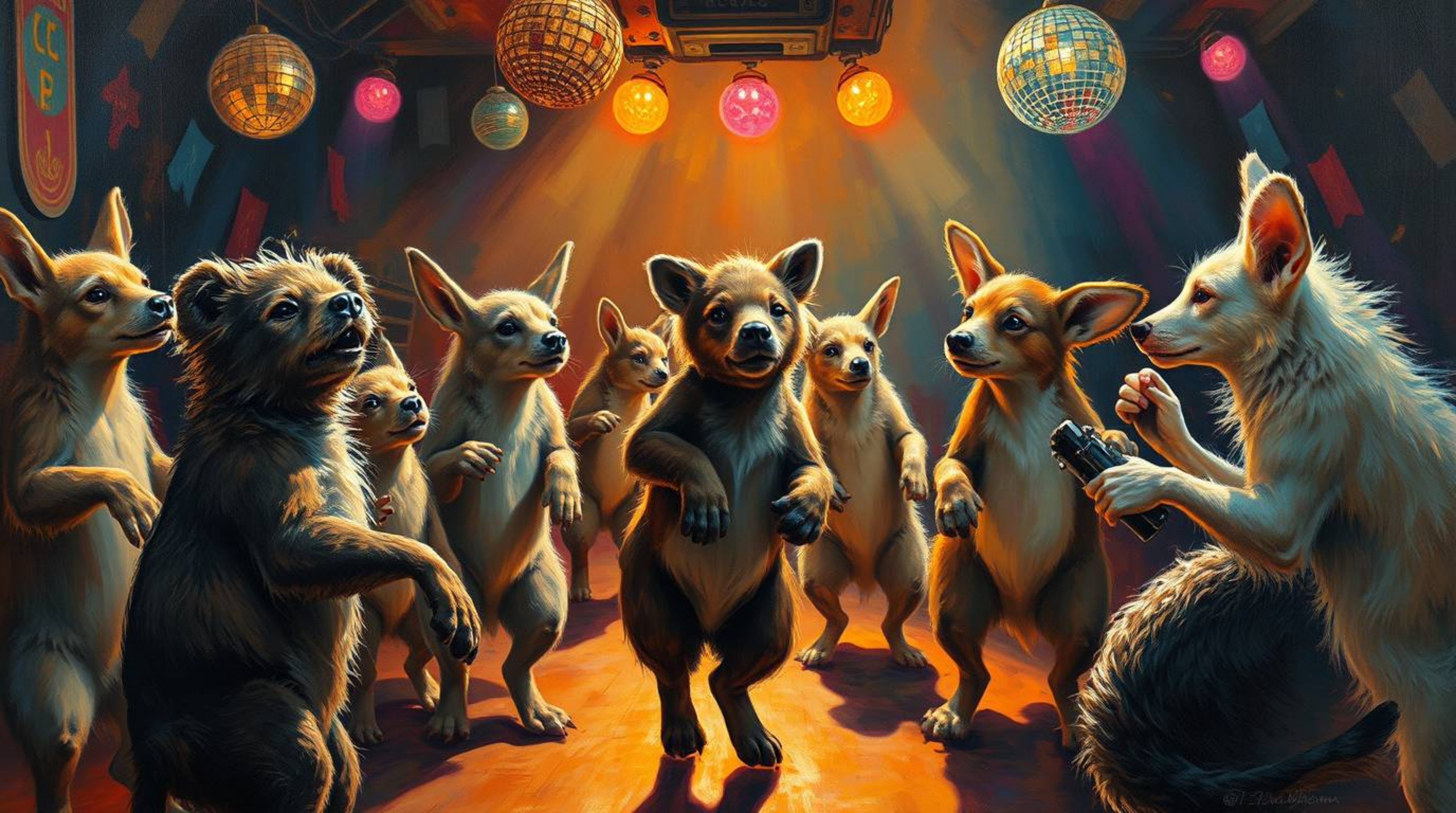 Witness a spectacular animal dance party brought to life in the style of a classic oil painting.  Rich textures, visible brus