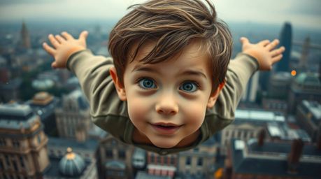 A charming young boy is captured in a close-up shot, seemingly flying amidst a cloud of pixie dust above the detailed London 