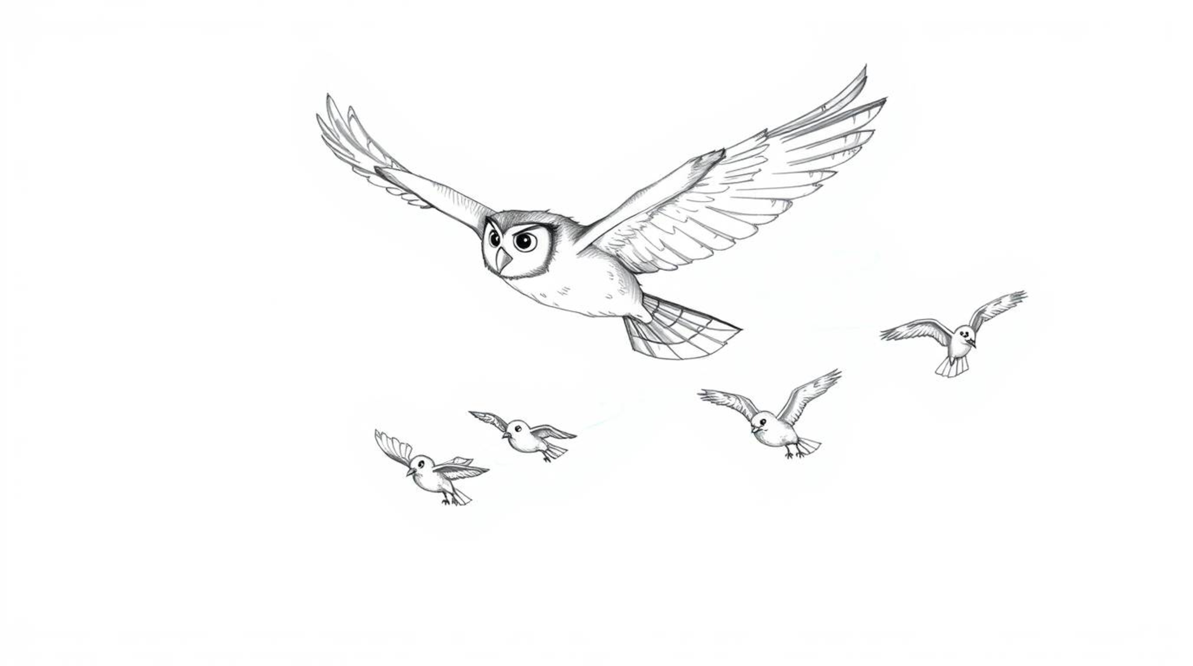 A captivating hand-drawn sketch in the iconic Pixar style showcases a blind owl in mid-flight, selflessly teaching a group of