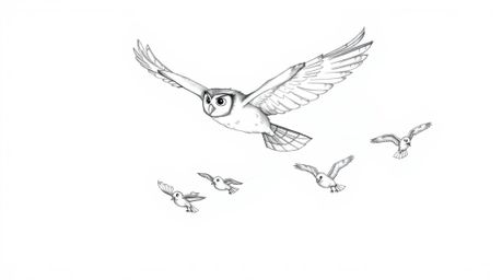 A captivating hand-drawn sketch in the iconic Pixar style showcases a blind owl in mid-flight, selflessly teaching a group of