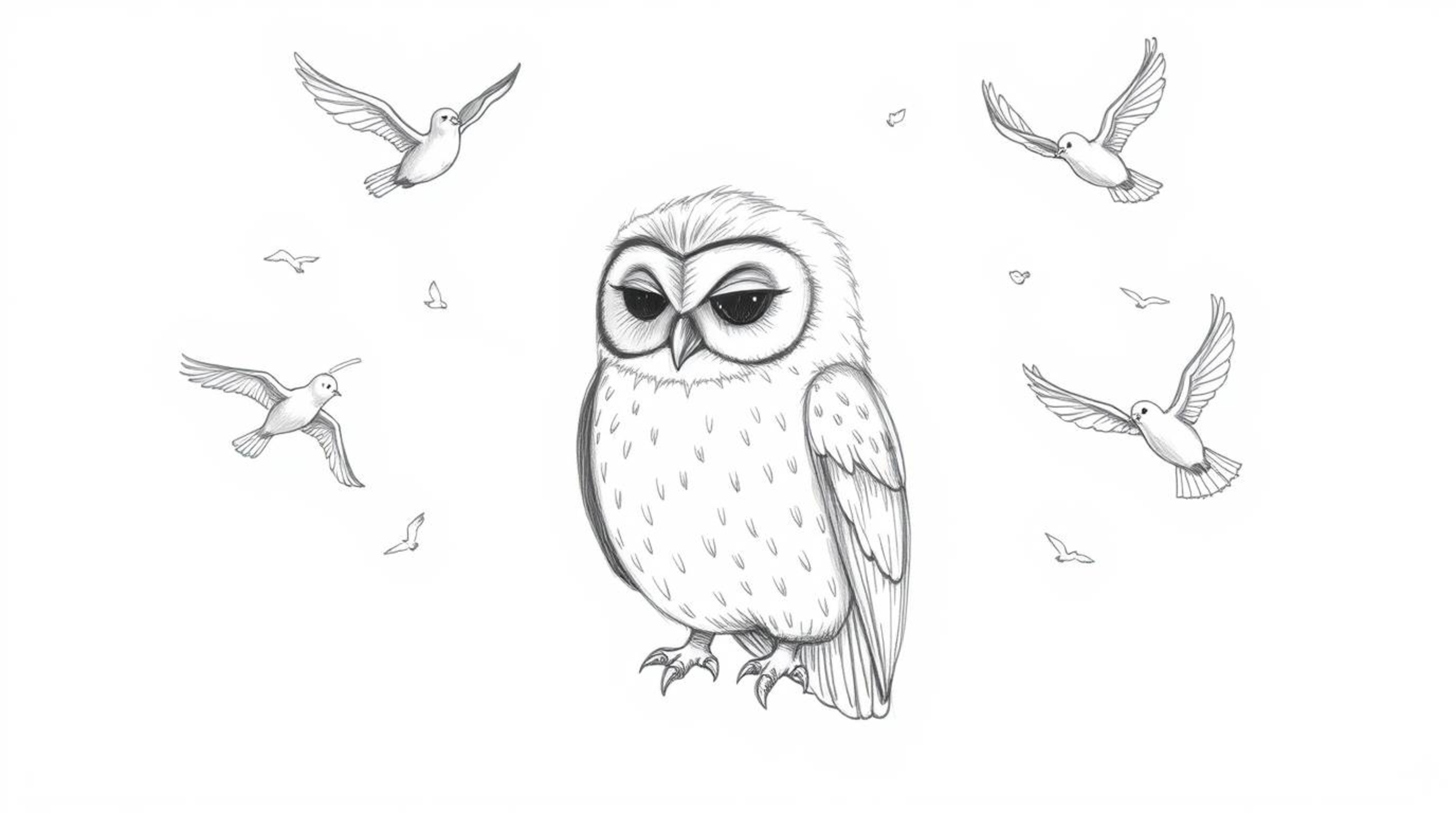 A heartwarming hand-drawn pencil sketch in Pixar style depicts a serene, blind owl with subtle feather textures, surrounded b