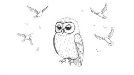 A heartwarming hand-drawn pencil sketch in Pixar style depicts a serene, blind owl with subtle feather textures, surrounded b