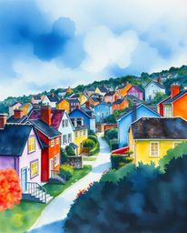 A watercolor painting depicting a sleepy town characterized by pastel-colored houses bathed in electric, vivid colors. The ar