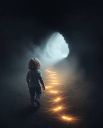 A young child with blonde hair embarks on a magical journey, following a shimmering trail of glowing footsteps that lead into