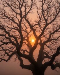 A high-resolution stock photo of a sunset behind an old oak tree with twisted branches, featuring thick fog and low visibilit