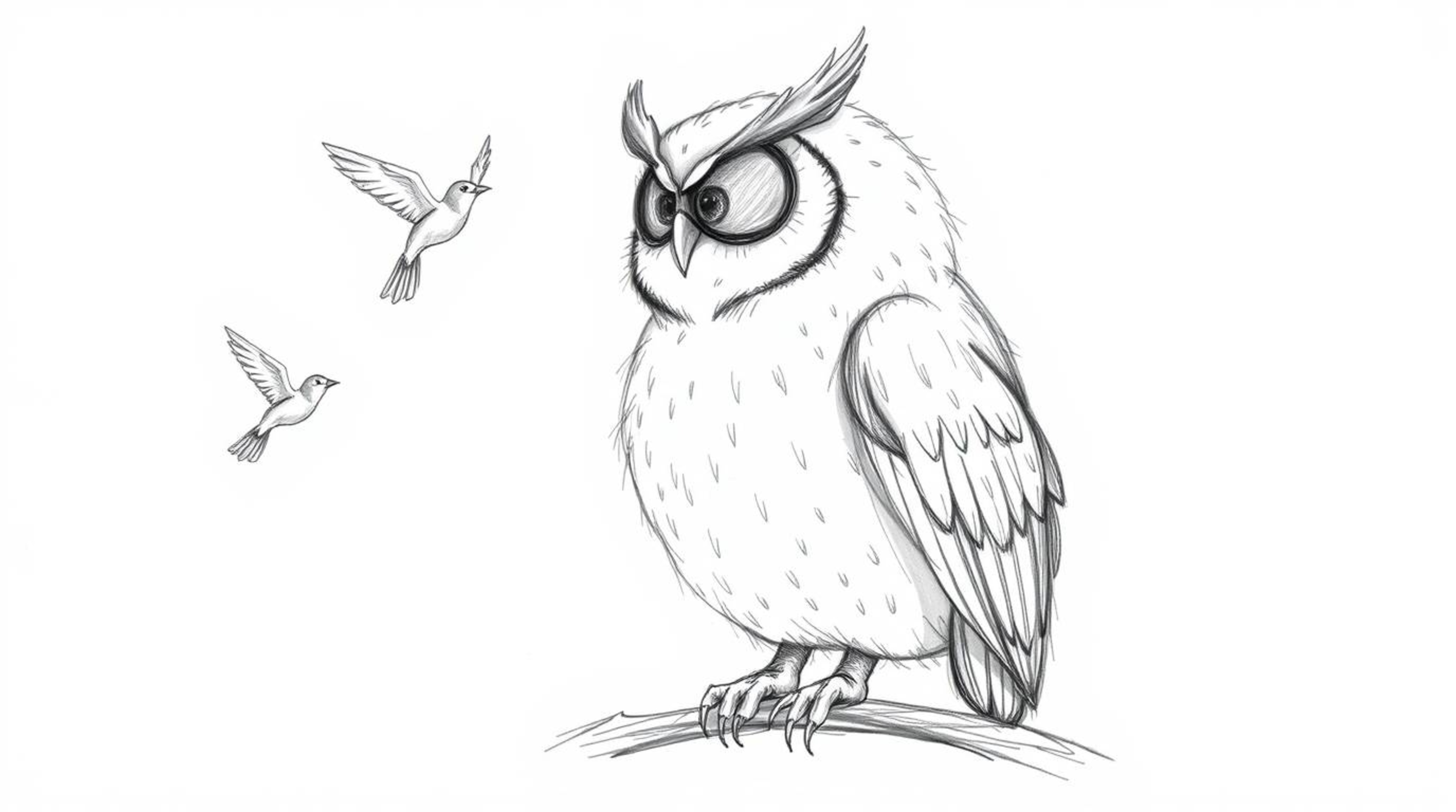 A heartwarming hand-drawn sketch reminiscent of Pixar's style depicts a gentle, blind owl with feathery texture peacefully pe