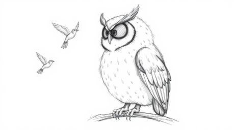 A heartwarming hand-drawn sketch reminiscent of Pixar's style depicts a gentle, blind owl with feathery texture peacefully pe