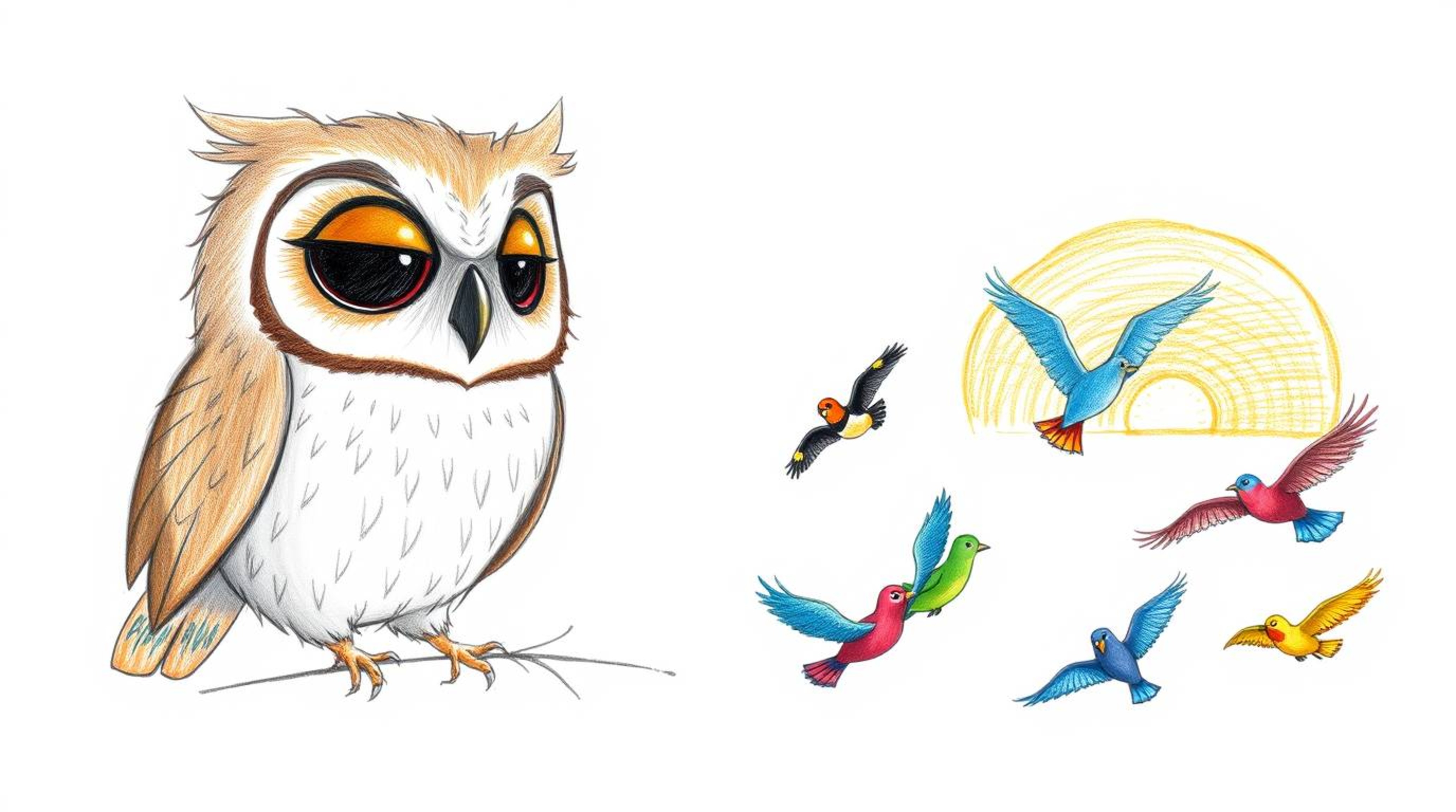 A heartwarming hand-drawn sketch in the style of Pixar depicts a gentle, blind owl with soft, feathery textures teaching a vi