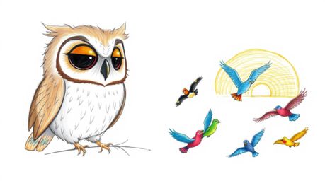 A heartwarming hand-drawn sketch in the style of Pixar depicts a gentle, blind owl with soft, feathery textures teaching a vi
