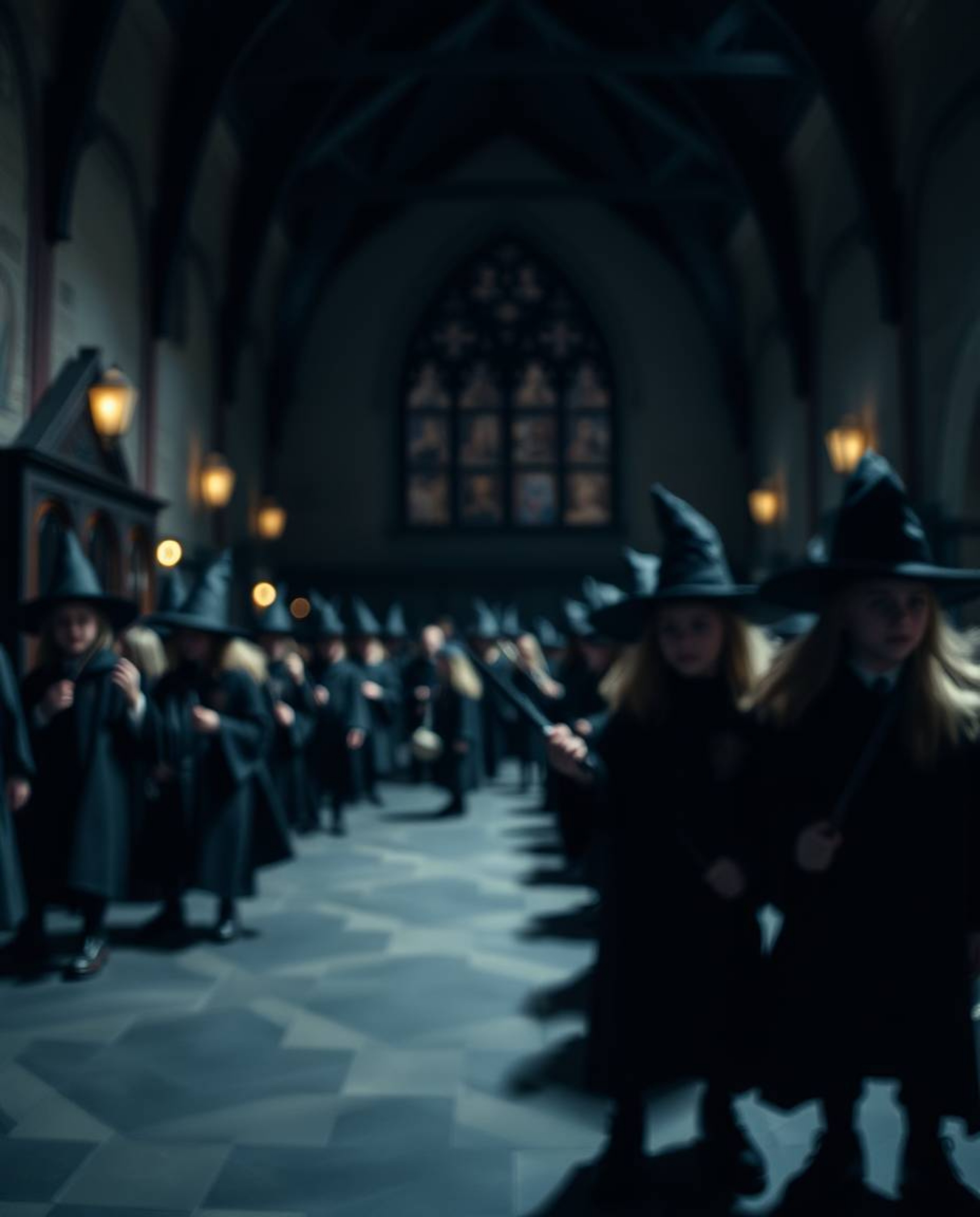 Explore a low-key image of a magical school bustling with young wizards, rendered with a captivating blurred bokeh effect and