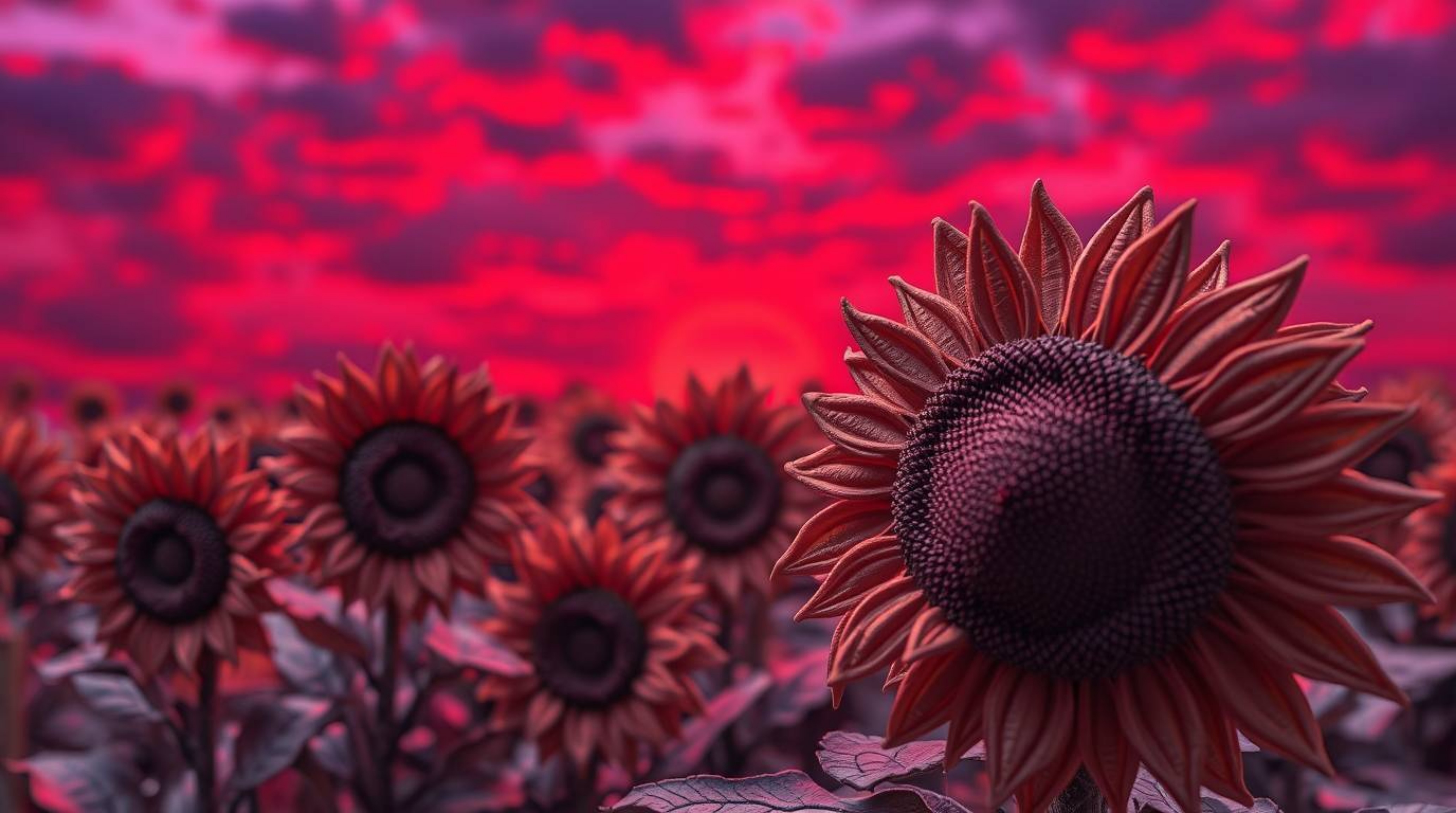 Experience the vibrant beauty of a sunflower field under a dramatic red and purple sky, captured in exquisite detail through 