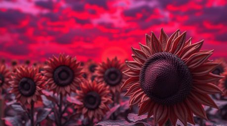 Experience the vibrant beauty of a sunflower field under a dramatic red and purple sky, captured in exquisite detail through 