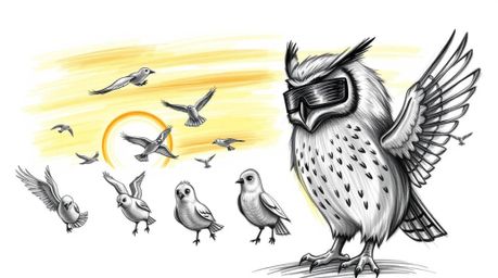 A heartwarming hand-drawn sketch, reminiscent of Pixar animation, depicts a blind owl teaching a classroom of flying birds.  