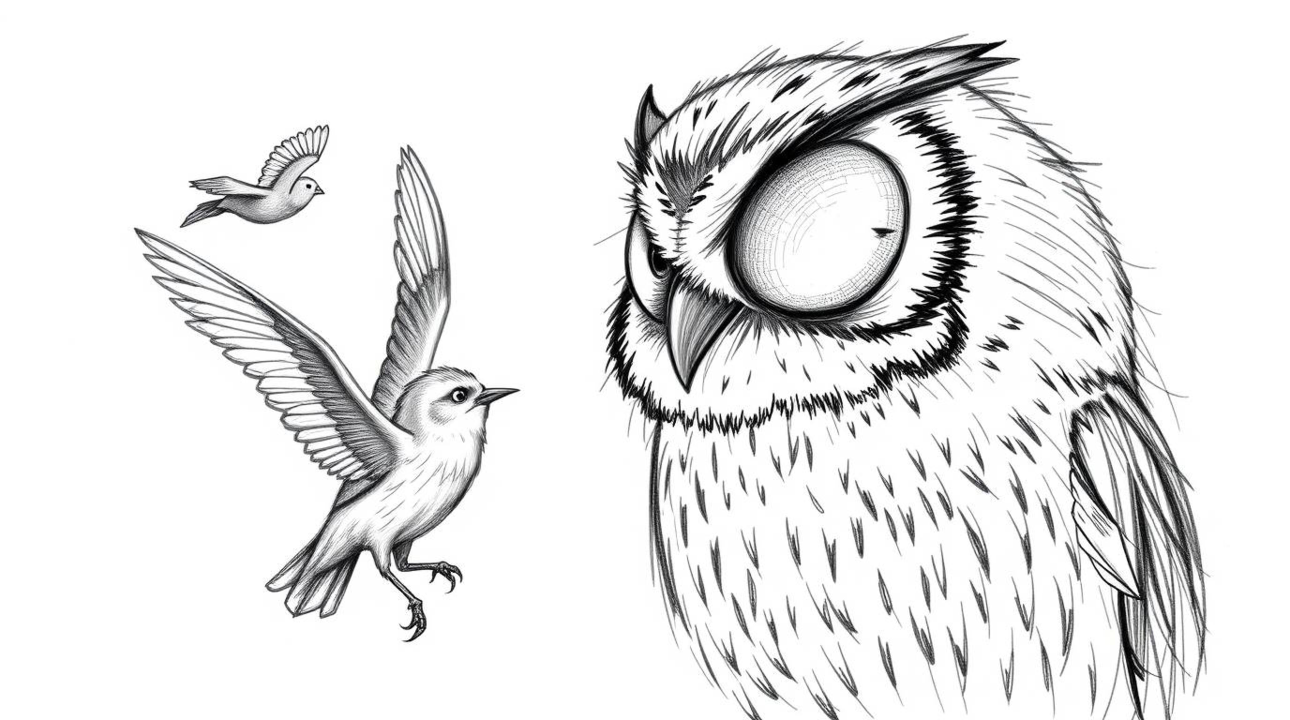 A heartwarming scene depicts a blind owl, rendered in a textured, hand-drawn sketch style reminiscent of Pixar, patiently tea