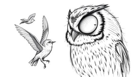 A heartwarming scene depicts a blind owl, rendered in a textured, hand-drawn sketch style reminiscent of Pixar, patiently tea
