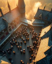 Experience the enchantment of a magical school bathed in the warm, golden light of the early morning. This overhead view capt