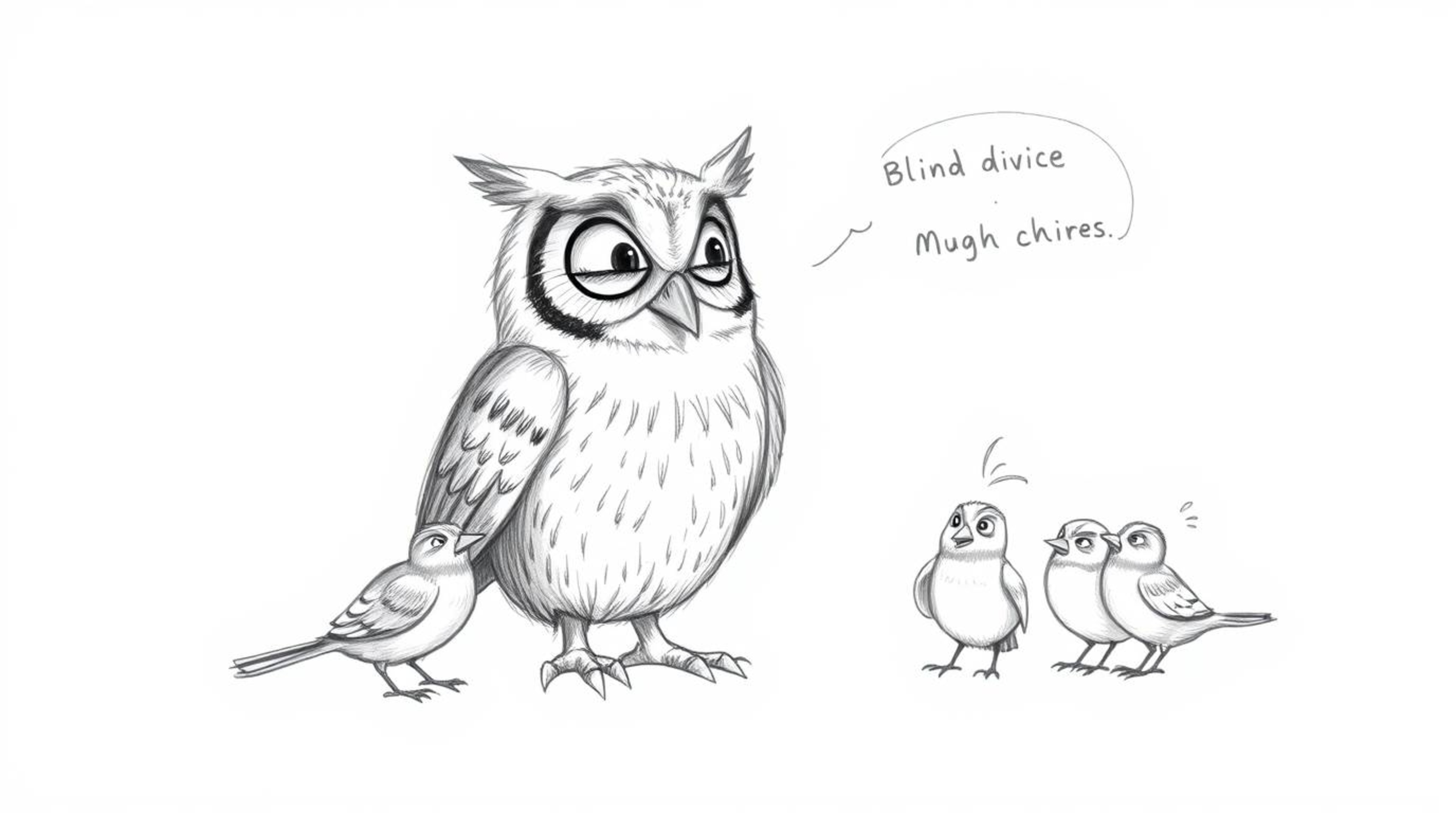 A rough, textured pencil sketch in the style of Pixar animation depicts a blind owl teaching several small birds how to fly. 