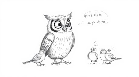 A rough, textured pencil sketch in the style of Pixar animation depicts a blind owl teaching several small birds how to fly. 