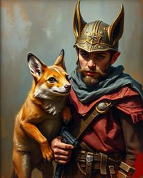 This classic oil painting depicts a captivating scene of a talking animal sidekick assisting a hero on their journey. The art