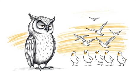 A charming hand-drawn pencil sketch in the style of Pixar depicts a blind owl with a gentle expression teaching a lively clas