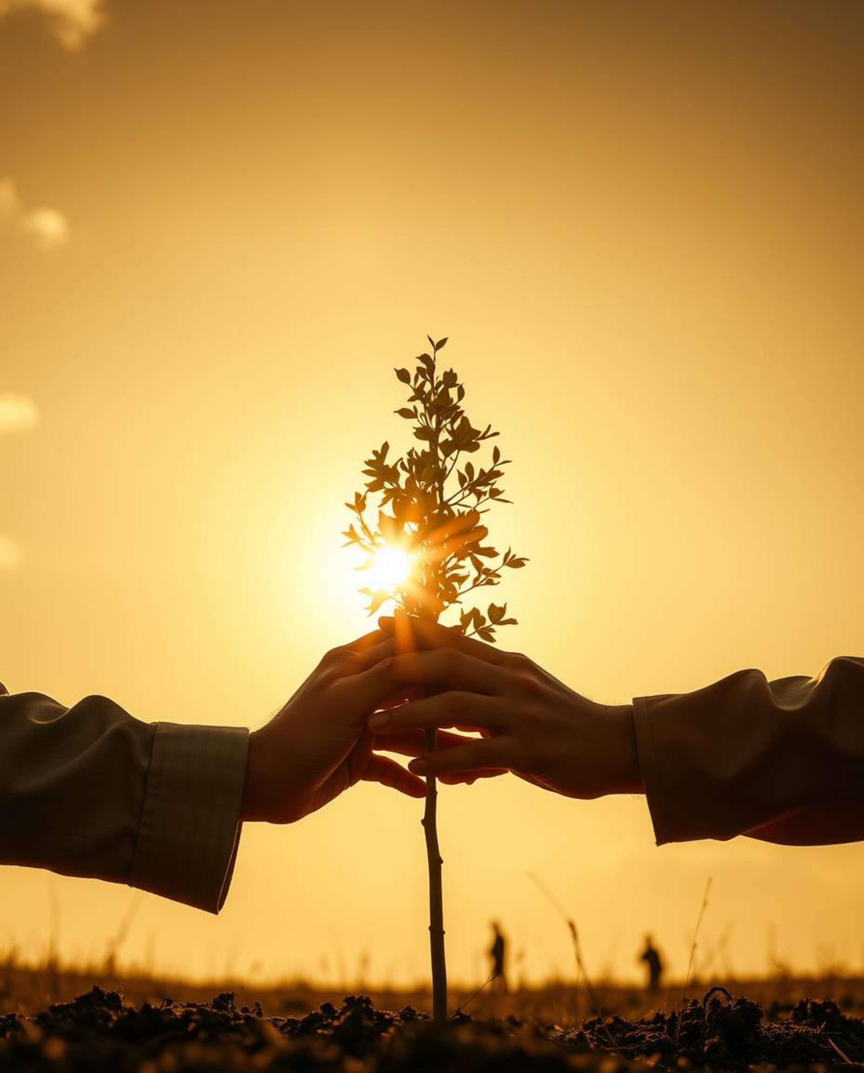 A captivating cinematic-style photograph depicts hands carefully planting a tree under a breathtaking golden sky.  The high-c