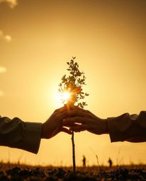 A captivating cinematic-style photograph depicts hands carefully planting a tree under a breathtaking golden sky.  The high-c