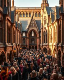 A captivating architectural photograph showcases a magical school brimming with young wizards.  Bathed in the warm glow of go