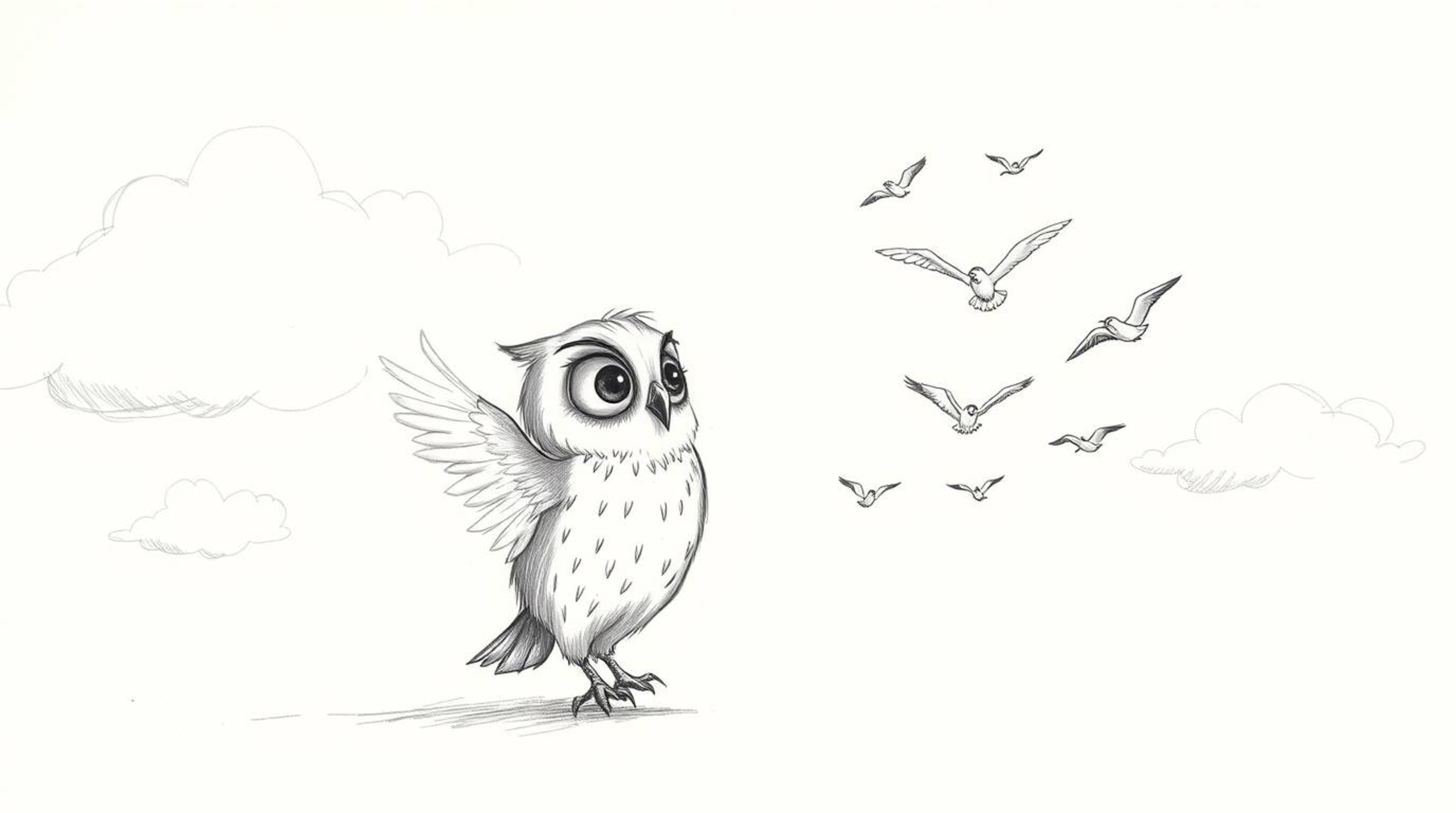 A heartwarming Pixar-style hand-drawn sketch showcases a blind owl, rendered with soft, feathery textures, imparting the gift