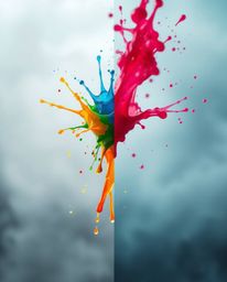 A stunning split-screen image captures the ephemeral beauty of a colorful paint splash frozen in mid-air.  Employing soft foc