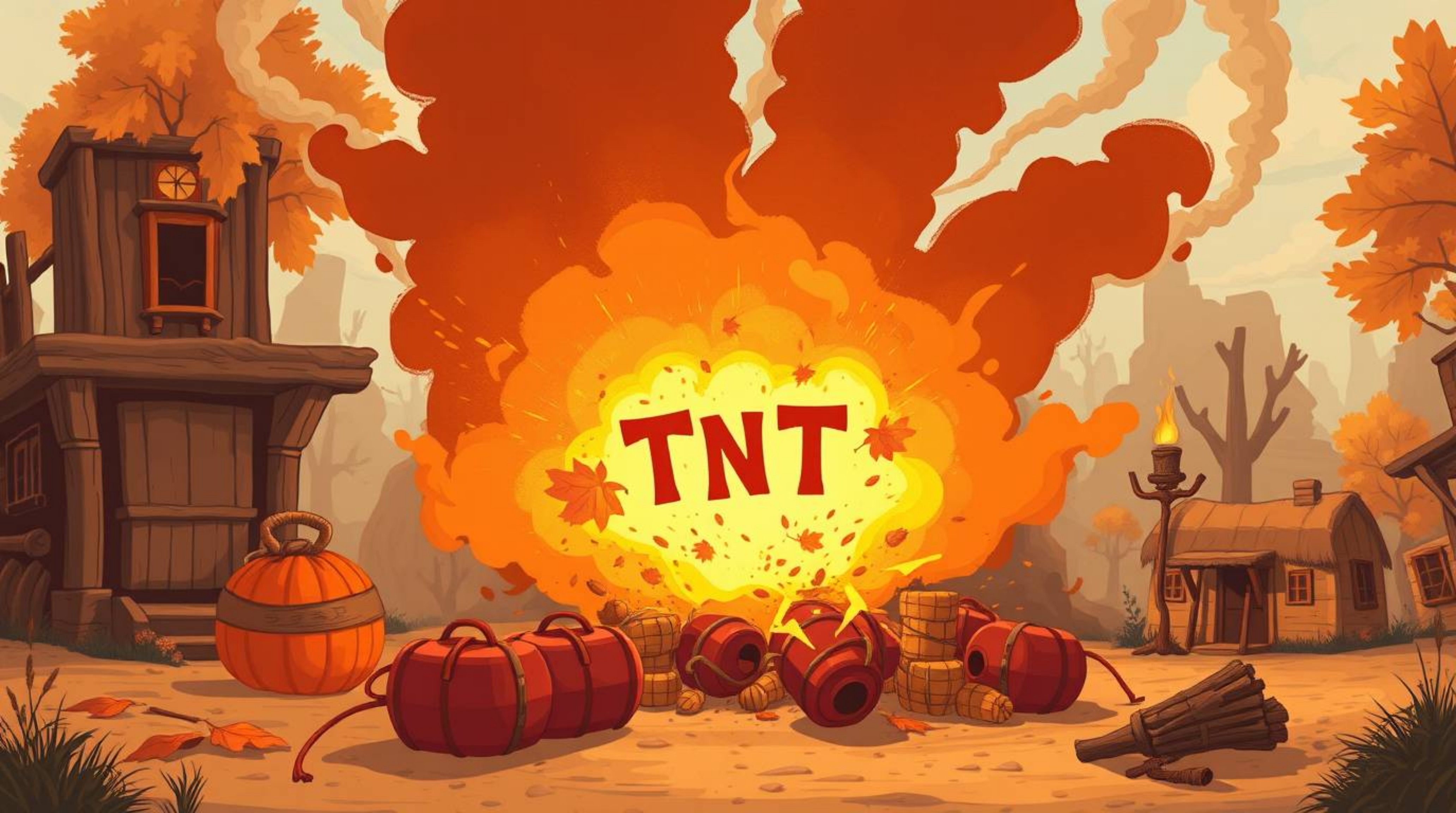 This image captures a classic exploding TNT gag in the Wild West, rendered with warm autumn colors. The style is graceful and