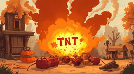 This image captures a classic exploding TNT gag in the Wild West, rendered with warm autumn colors. The style is graceful and