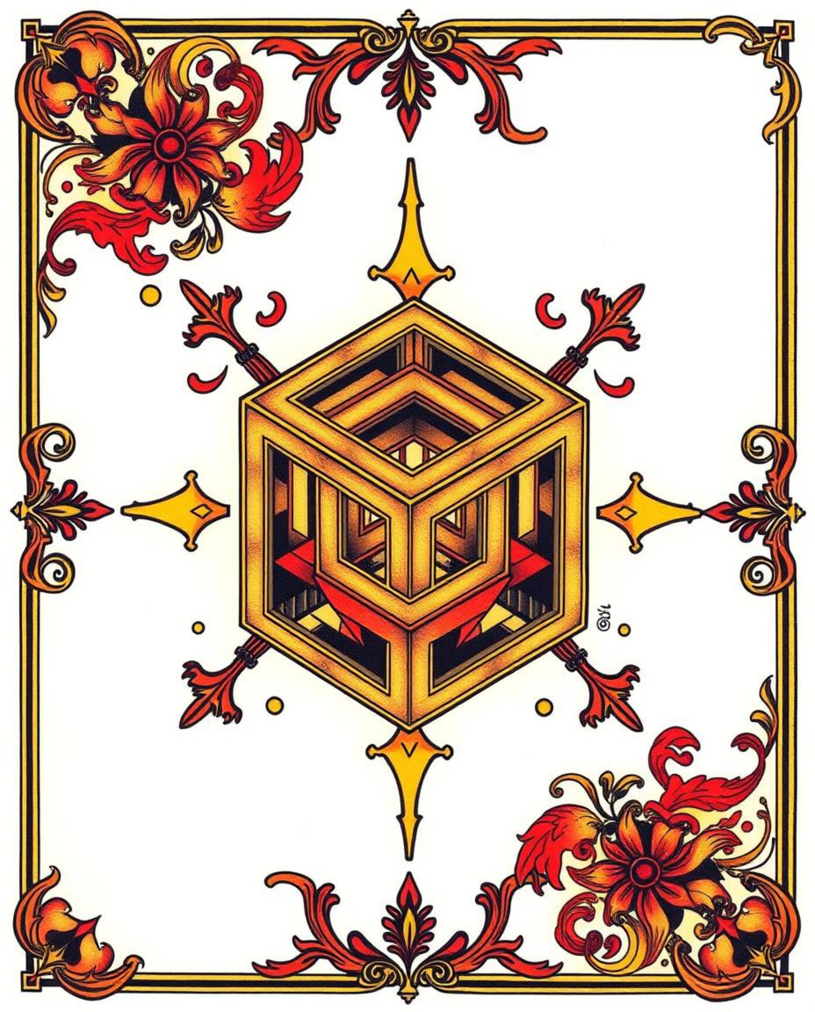This symbolic traditional tattoo art print features a mesmerizing repetitive cube pattern inspired by Escher-style impossible