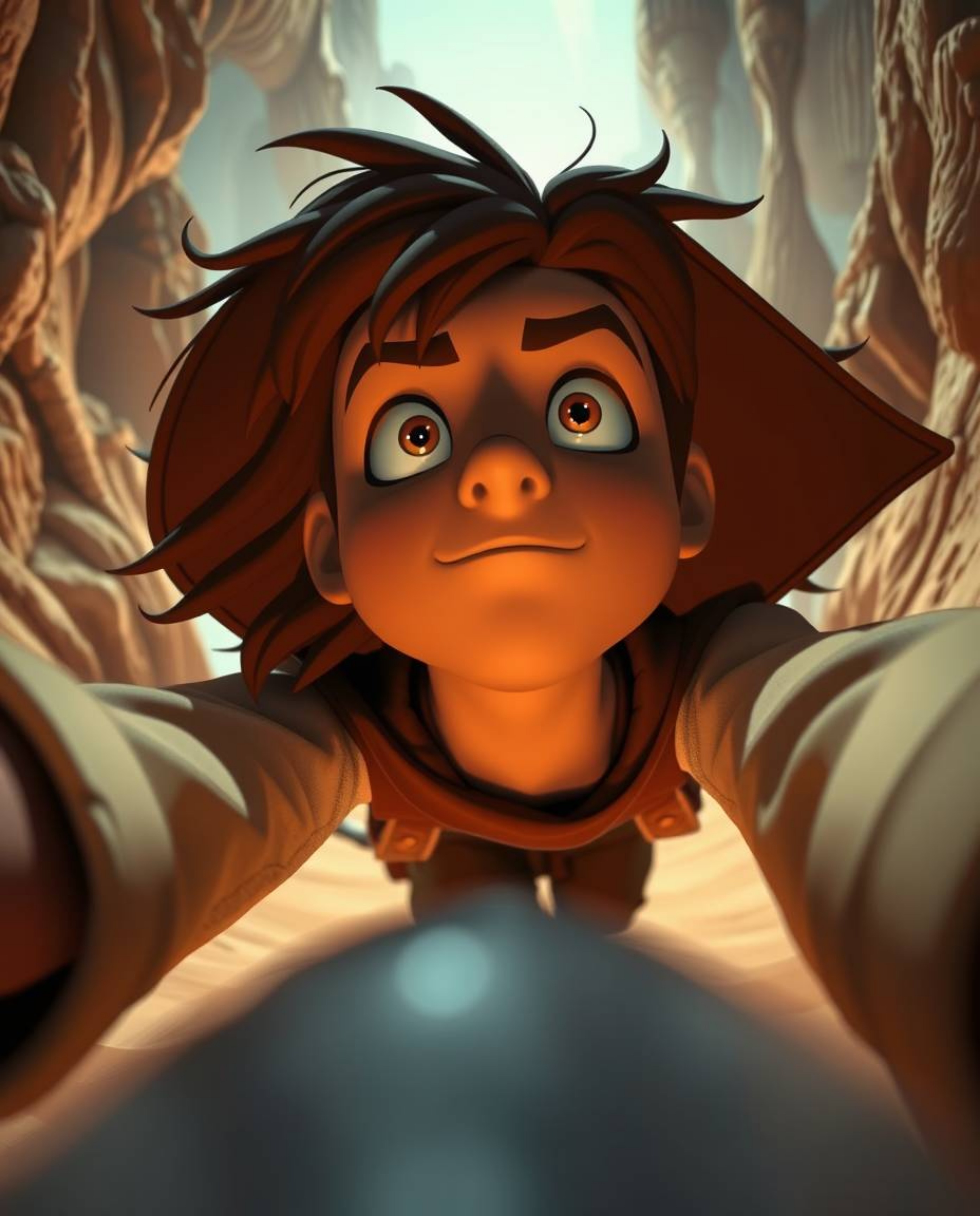 Experience a thrilling desert adventure through the eyes of a brave, Disney-style hero. This image captures a dramatic low-an