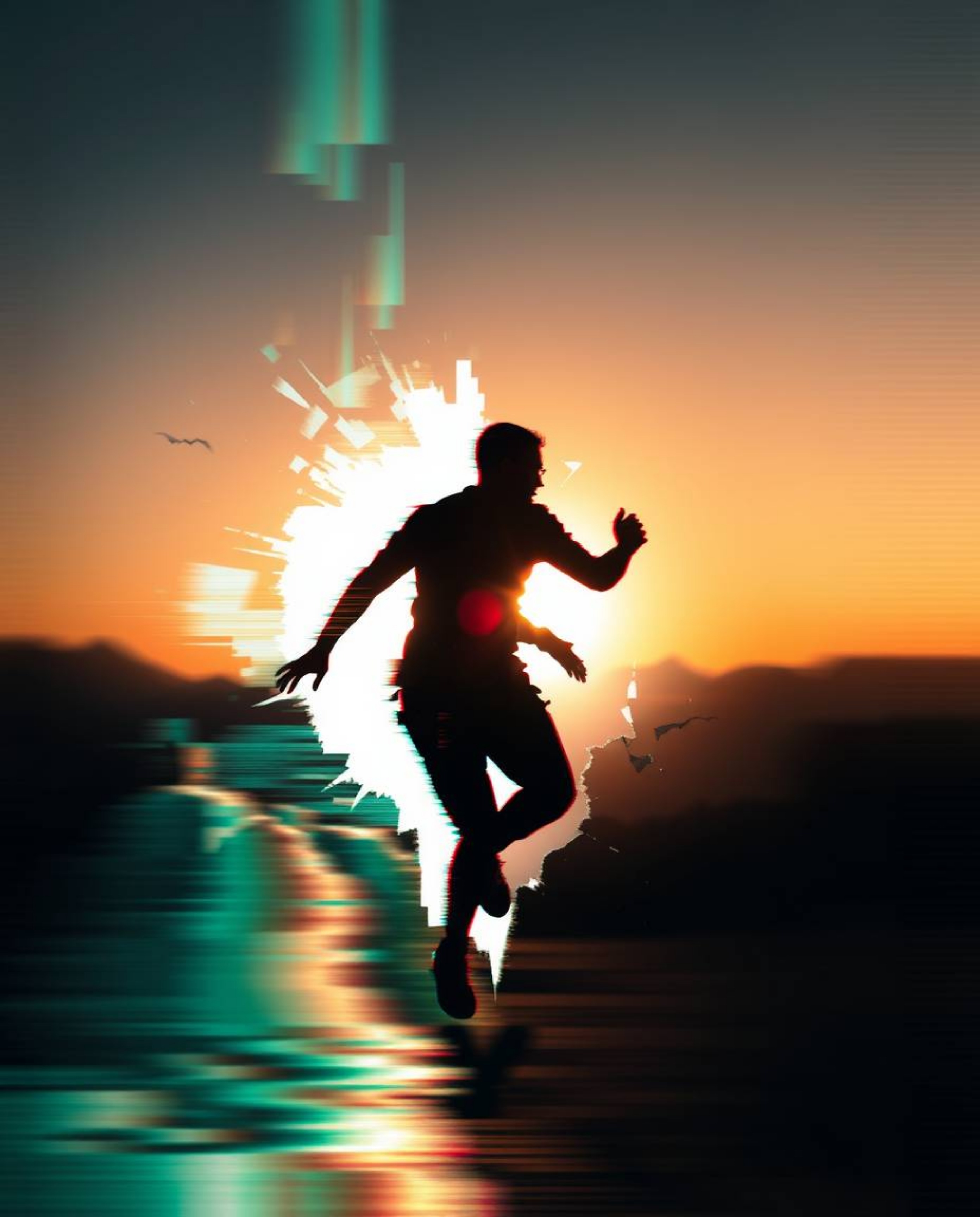 Experience the captivating beauty of a digital glitch landscape breaking apart, captured in dynamic motion with silhouetted b