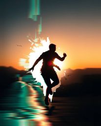 Experience the captivating beauty of a digital glitch landscape breaking apart, captured in dynamic motion with silhouetted b