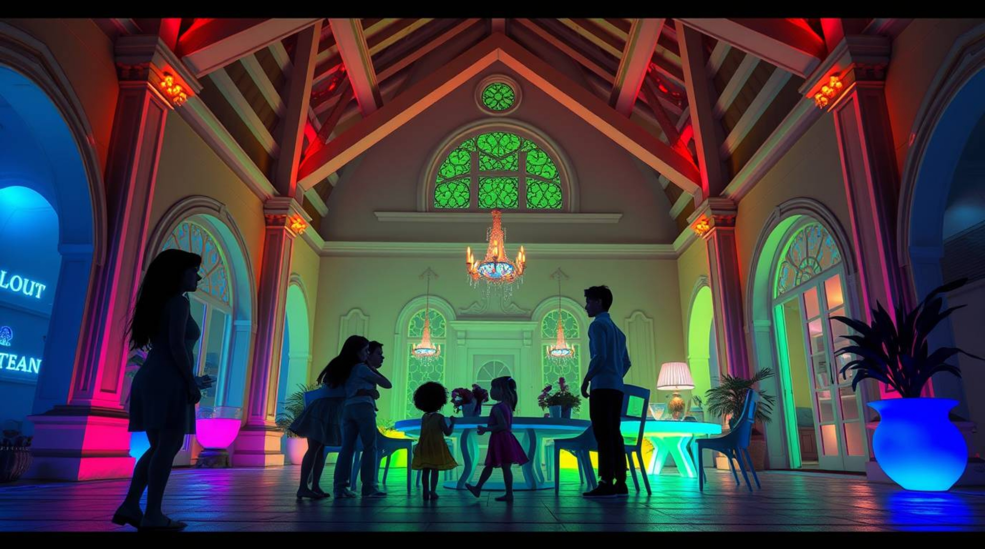 Capture the heartwarming essence of a Pixar-style family reunion with this architectural photograph, glowing with bioluminesc