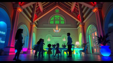 Capture the heartwarming essence of a Pixar-style family reunion with this architectural photograph, glowing with bioluminesc