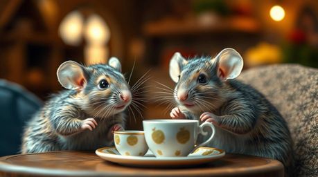 Explore a whimsical world with this high-resolution stock photo featuring anthropomorphic mice enjoying tea in a cozy cottage