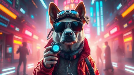A heroic dog detective utilizes high-tech gadgets in a grand, futuristic setting.  The scene is filled with creative light ar