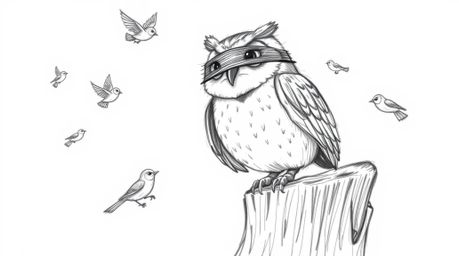 A charming hand-drawn sketch in a Pixar-esque style depicts a blind owl with expressive features and intricate, soft feathers