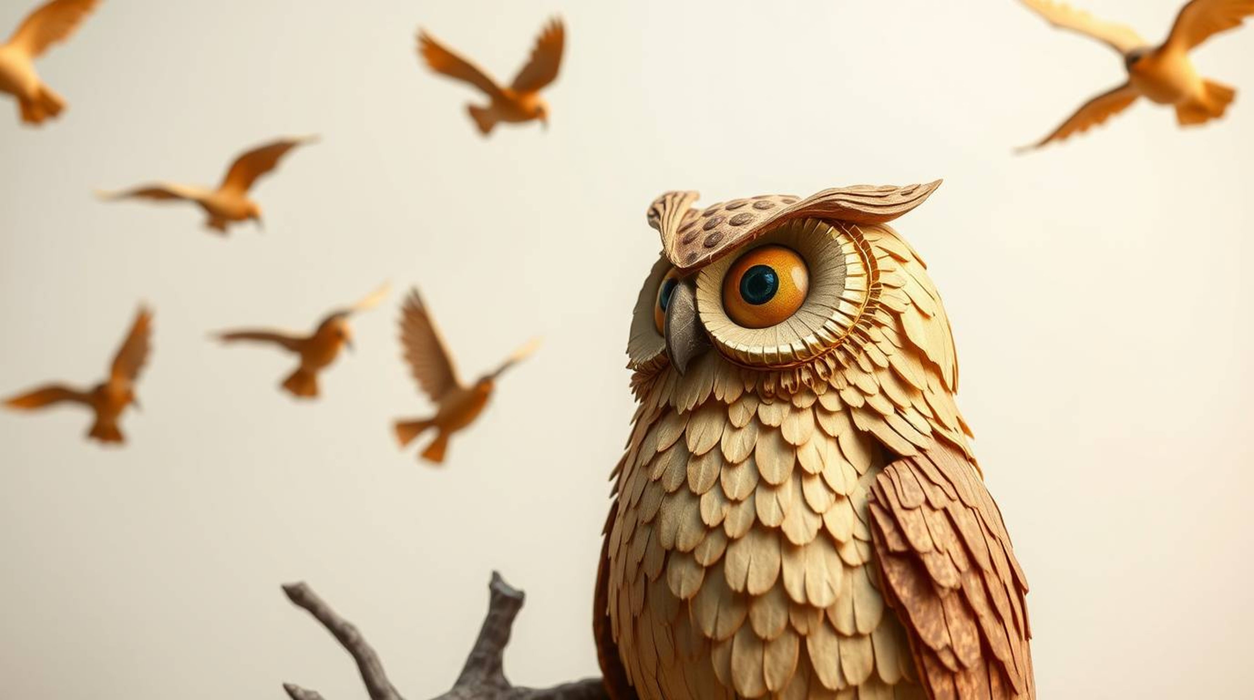 A charming, layered papier-mâché sculpture in the style of Pixar depicts a heartwarming scene of a blind owl mentoring young 
