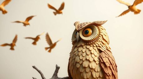 A charming, layered papier-mâché sculpture in the style of Pixar depicts a heartwarming scene of a blind owl mentoring young 