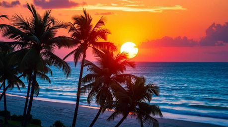 Experience the serenity of a vibrant tropical beach sunset. Palm trees sway gently under the soft, complimentary-colored ligh