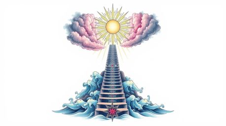This art print features a dramatic staircase rising from the ocean into a stormy sky, bathed in the light of a divine sunburs